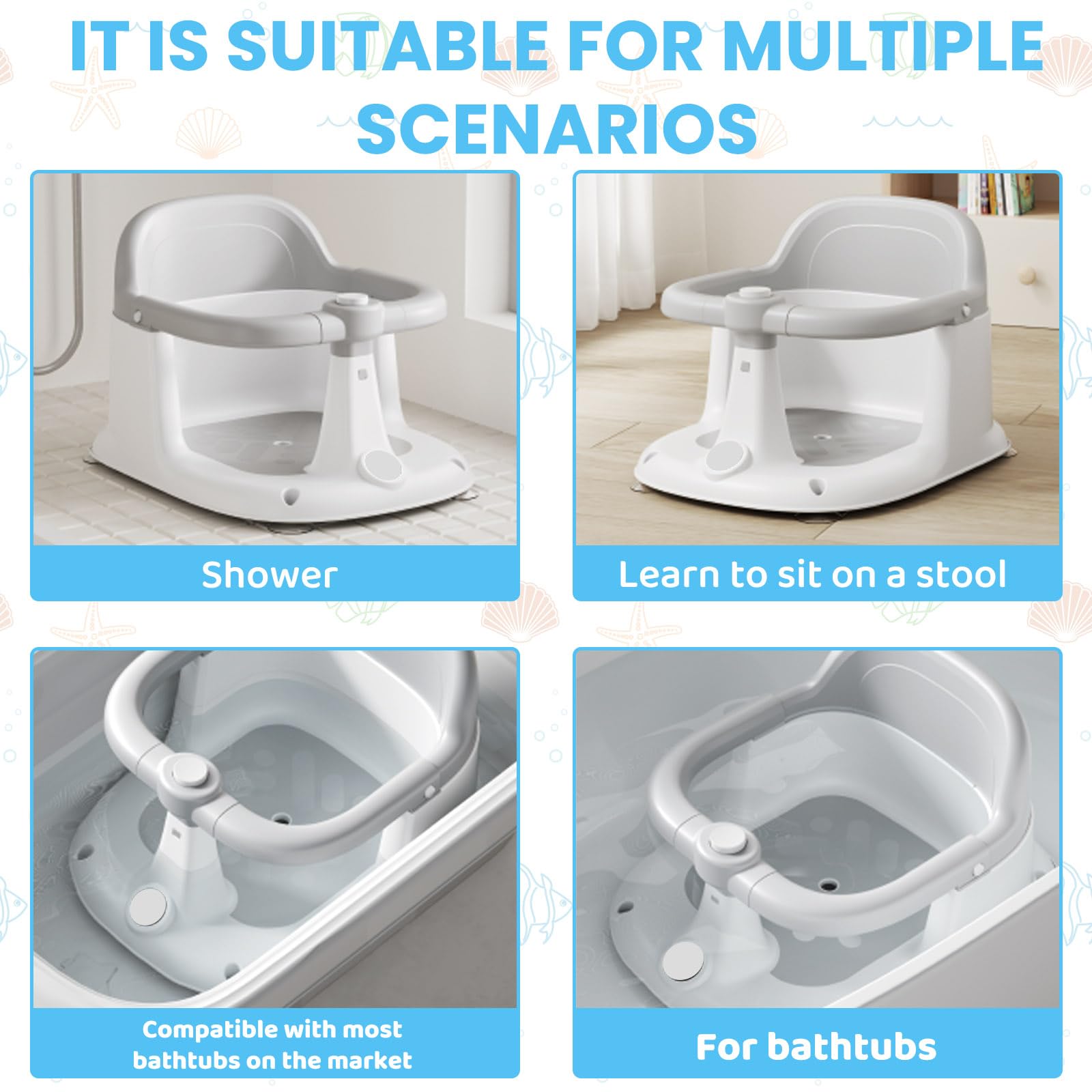 UBRAVOO Baby Badesitz für Babys von 6 bis 24 Monaten, aufrecht sitzender Badesitz, rutschfester Baby-Badewannensitz mit 4 Saugnäpfen, tolles Geschenk zur Geburt für Neugeborene und junge Mütter (Grau)
