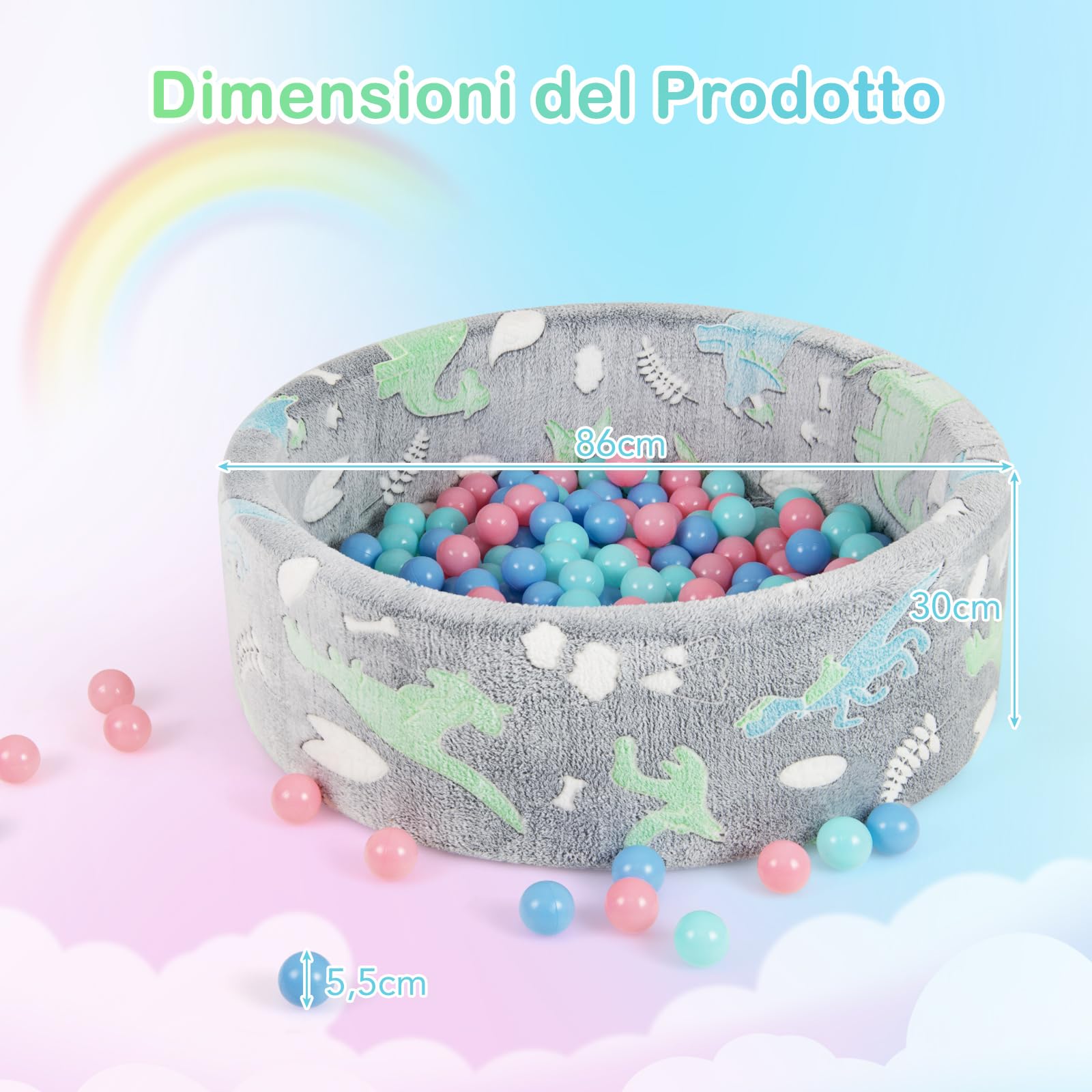 COSTWAY 86 x 30 cm/200 Palline ∅5,5 cm Piscina di Palline Colorate per Bambini Luminosi nel Buio, Vaso con Palline in Schiuma Morbido e Lavabile in Lavatrice, Piscinatta da Gioco