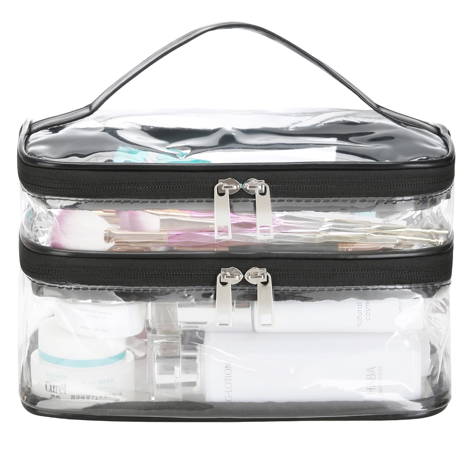 HAOGUAGUA Double Layer Clear Cosmetic Bag Makeup Bag, Waterproof Travel Toiletry Bag, Transparent PVC Pouch Organizer, Black-large, Double Layer Clear Cosmetic Bag