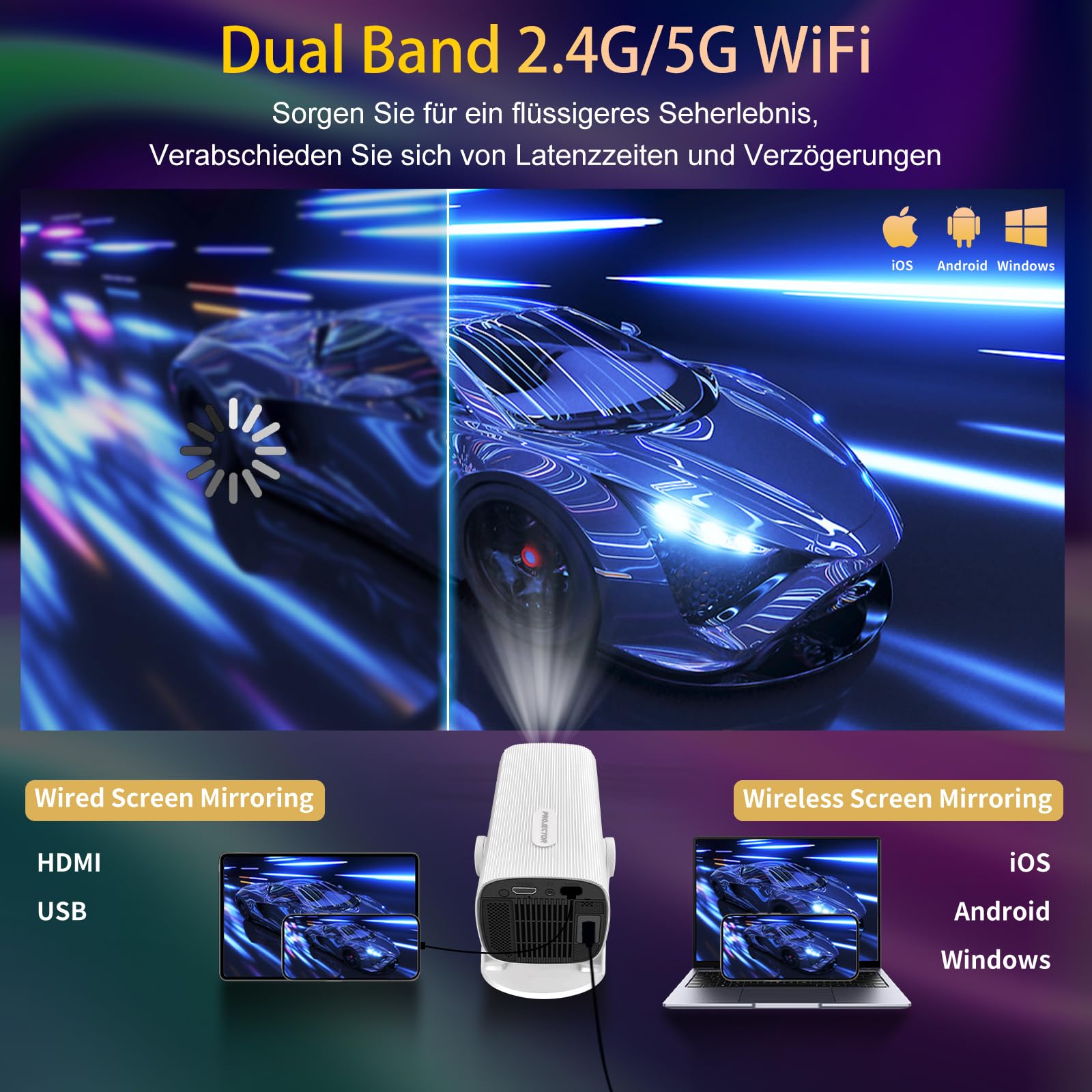 Mini-beamer [Android 11.0/elektrisch vuur] met WiFi 6 en BT 5.3, 12000LUX film, ondersteunt Full HD 1080P, thuisbioscoop