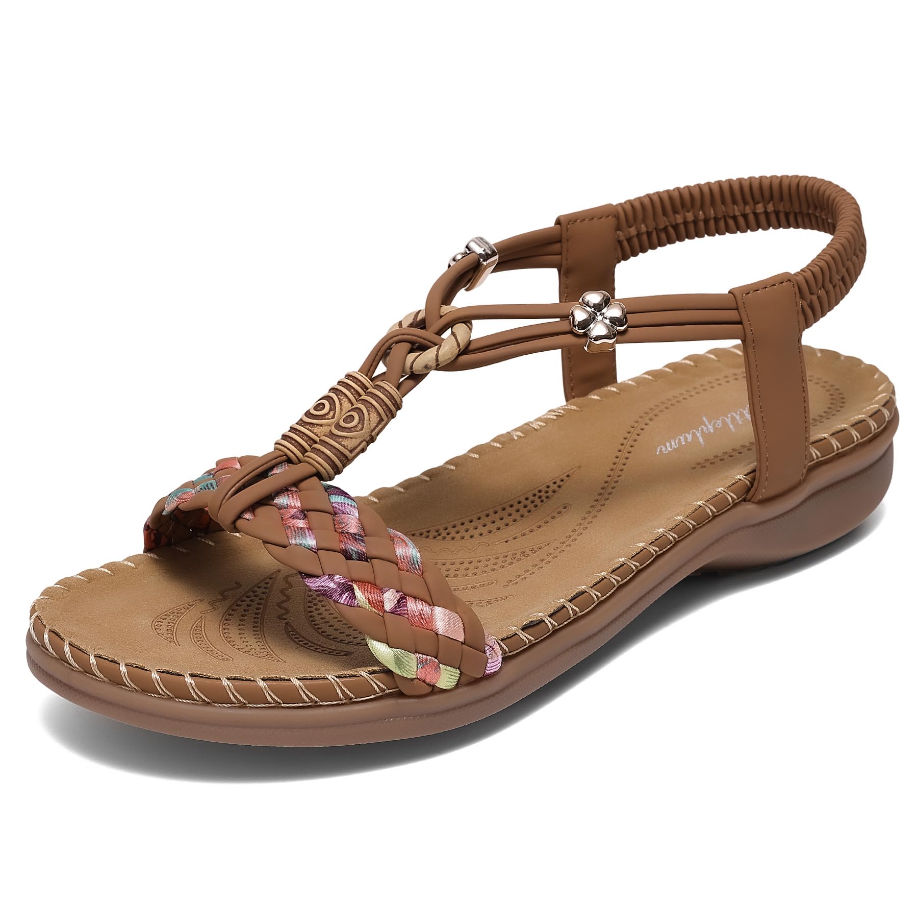 Littleplum Damen Sandalen Freizeit Flach Sandalette Handarbeit mit Strass Perlen Bohemia Strand Schuhe