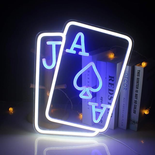 Playing Cards Neon Signs for Wall Decor Poker Led Neon Light Blue White USB Light Sign for Bedroom, Casino, Bar, Hotel, Play Room, Party Decor
