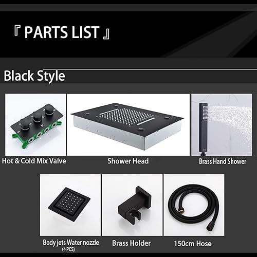 Miniatura 9 de DULABRAHE Juego de grifo de sistema de ducha de cascada y lluvia de 14 x 20 pulgadas LED techo lluvia negro mate cabezal de ducha combinado con