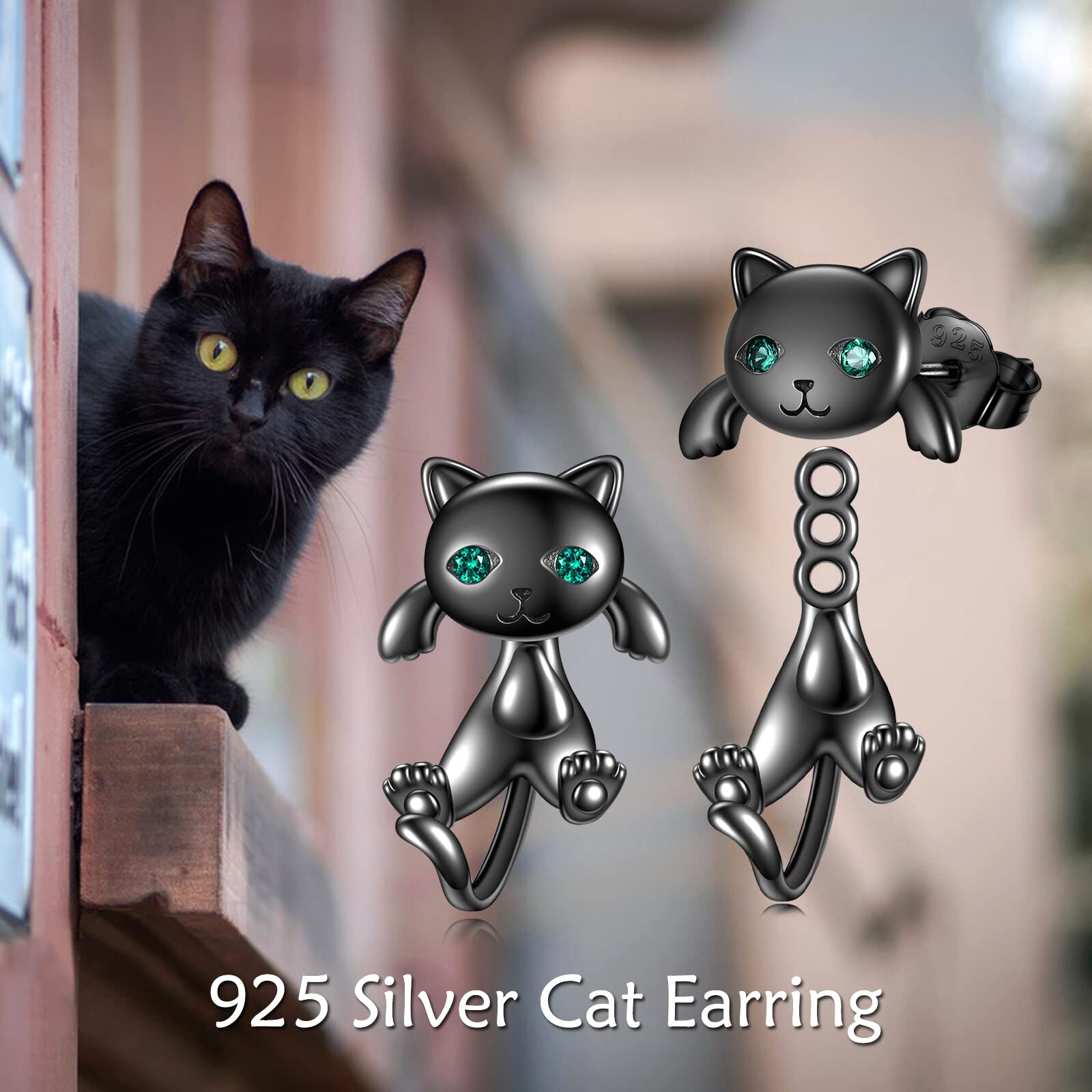 POPLYKE Schwarze Katze Ohrstecker für Frauen 925 Sterling Silber Katze Ohrringe für Mädchen Schwarze Katze Schmuck Geschenke für Katzenliebhaber