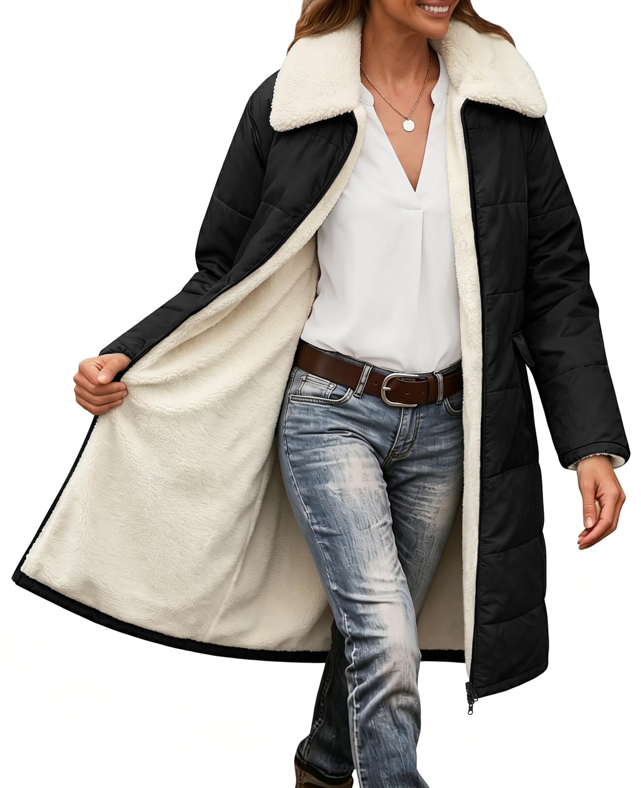 Tuopuda Manteau Femme Hiver Long Veste Polaire Chaud Parkas Matelassée Élégant à Col Blouson Zippée Coupe-vent Casual Manteaux Manches Longues avec Poches