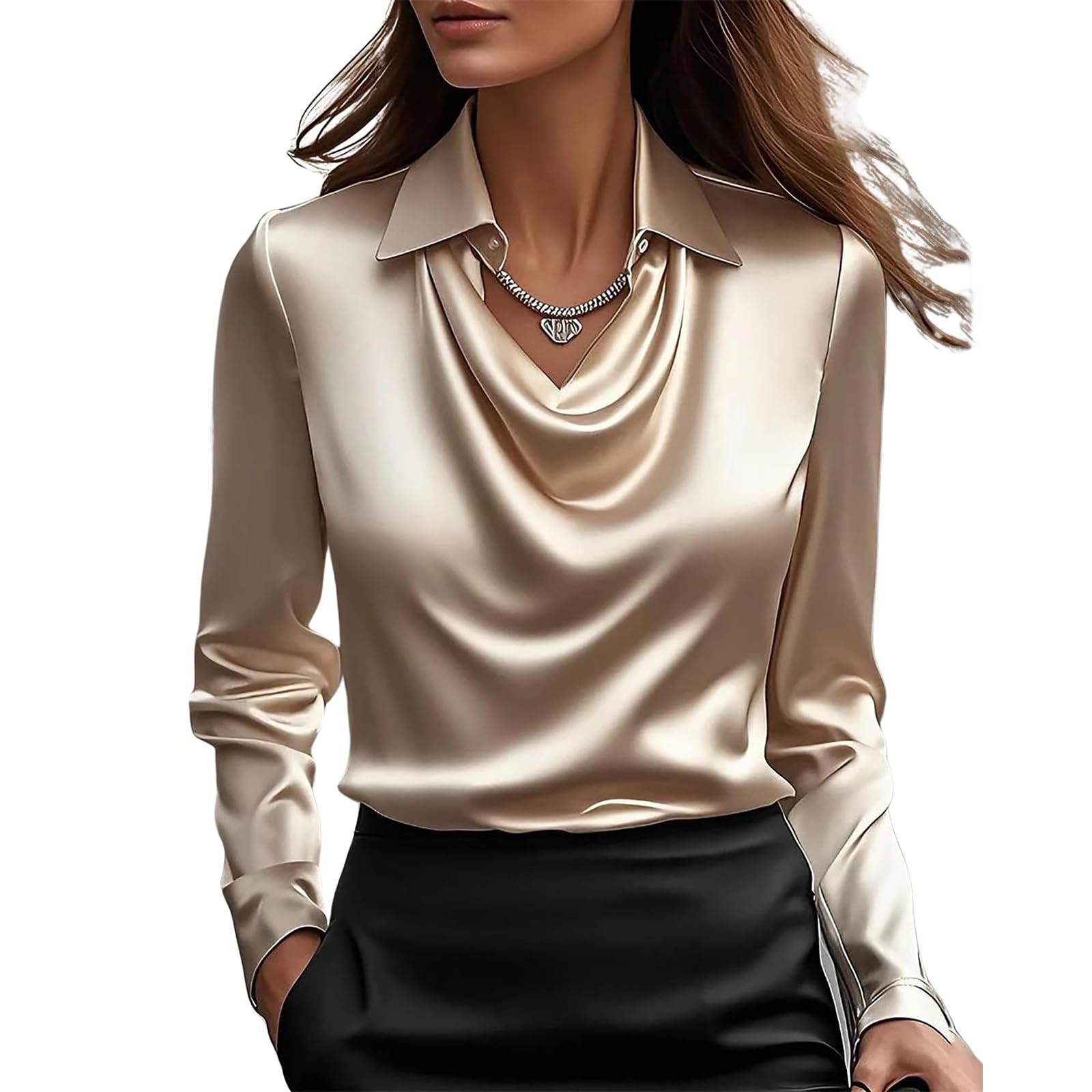 MBDWWLC Womens Satin Silk Shirts Long Sleeve Swing Collar Dressy Casual Blouse Fashion Loose Office Work Tunic Tops