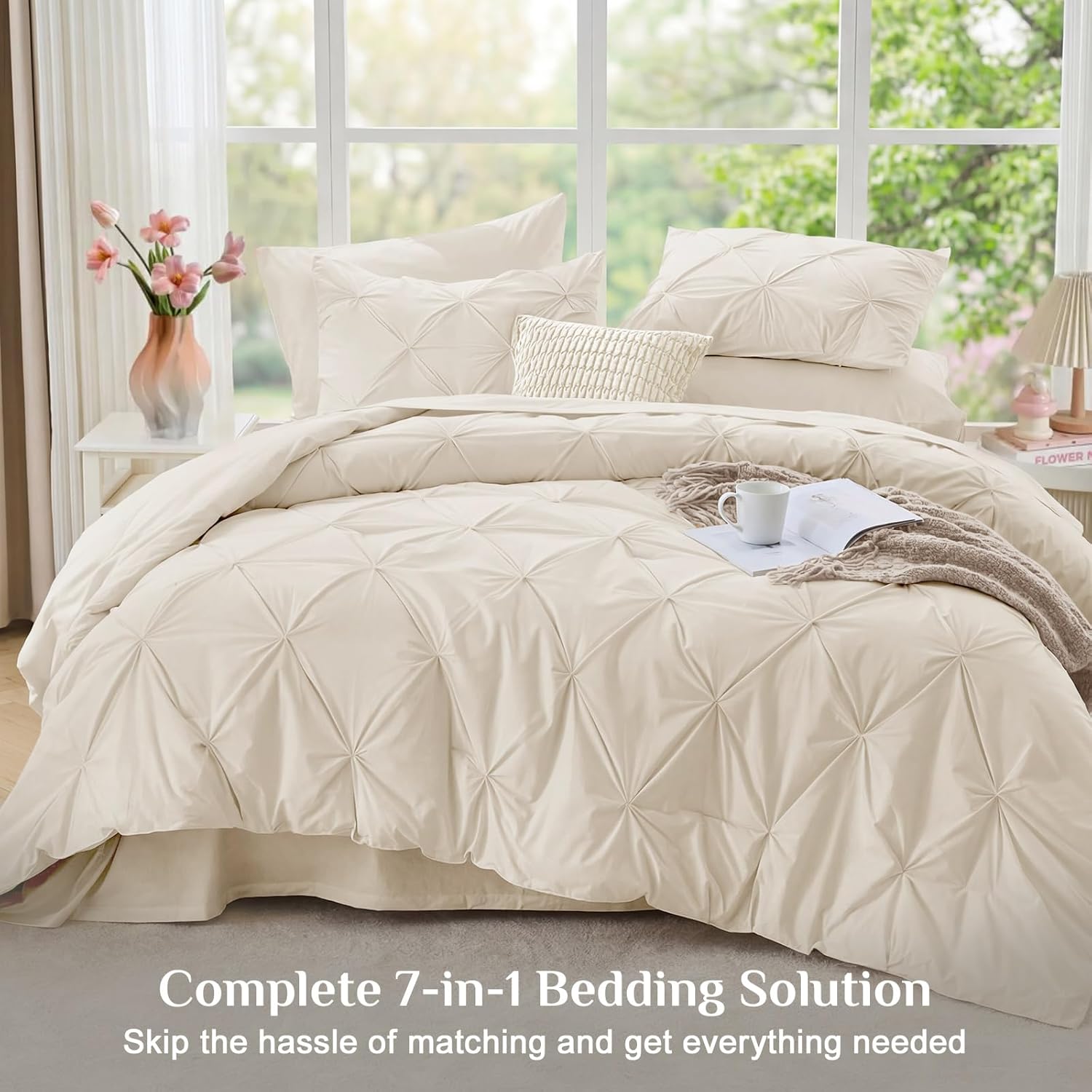 JOLLYVOGUE Queen Comforter Set 7 Pieces - Bed in a Bag Queen for All Season, Pintuck Bedding Comforter Sets with Comforter, Flat Sheet, Fitted Sheet and Pillowcases & Shams, Beige