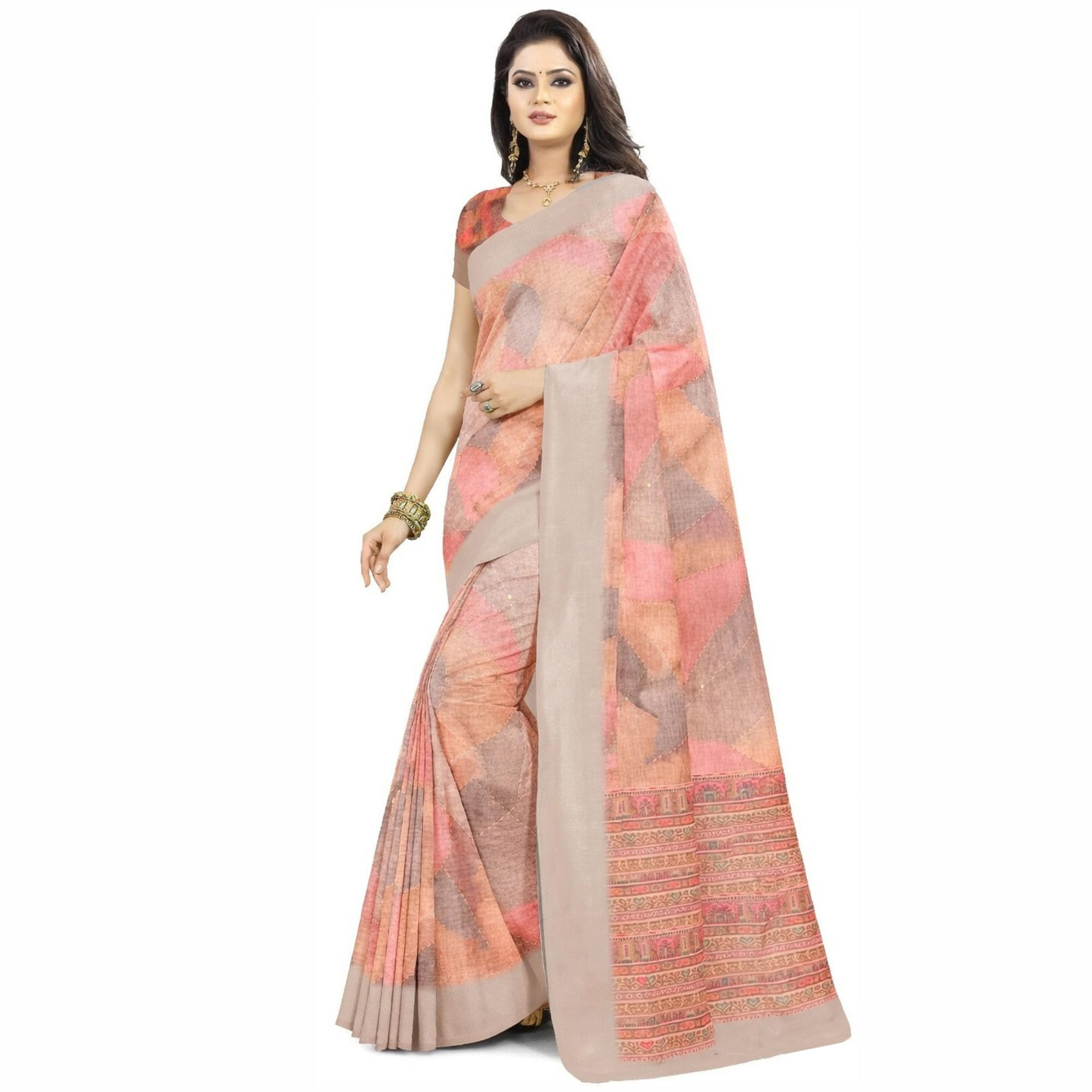 ayushi tex Printed Cotton Blend Saree Elegant Peach Pink Beige Shades | Traditional Indian Wear | Lightweight Comfortable-picture-49