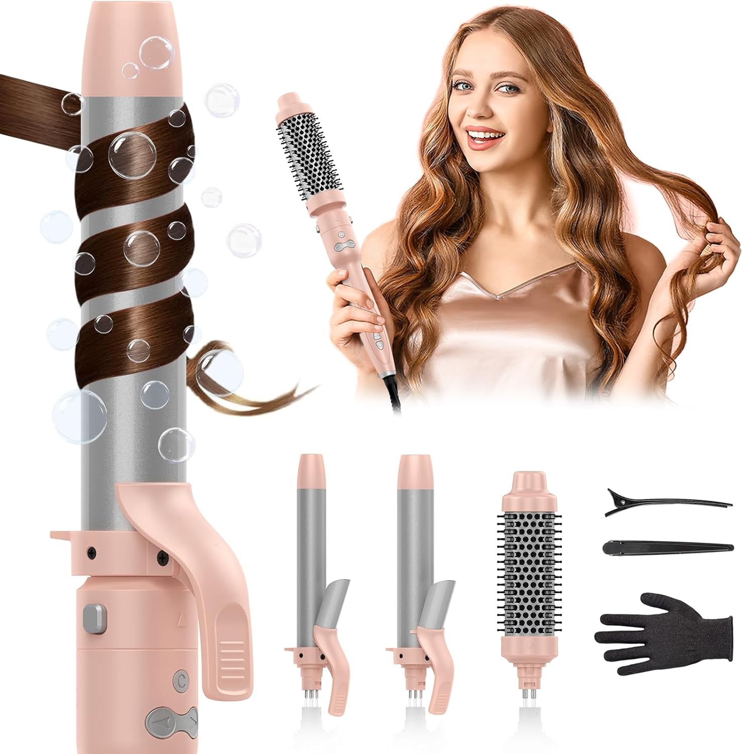 Rotating Curling Iron Set, Automatic Curling Wand for Long Hair, Easy to Use Hair Curler Get Effortless Beach Waves, 3 Sizes Ceramic Barrel 1/1.25/1.5 Inch to 410°F with Home Button, Dual Voltage Pink