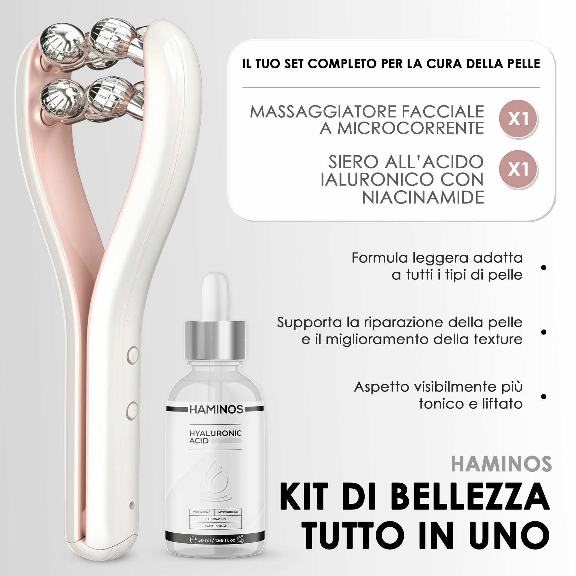 HAMINOS Massaggiatore Viso con Microcorrenti e Roller 3D, 3 Livelli di Intensità, Massaggiatore Viso Elettrico per Lifting, Viso, Collo, Braccia e Gambe, USO OBBLIGATORIO CON IL SIERO