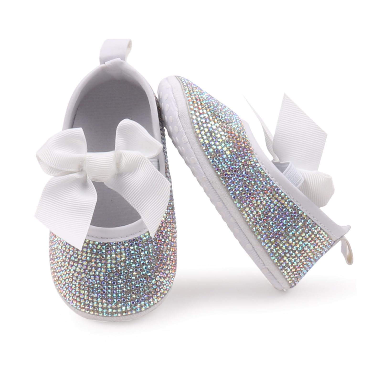 Baby Girls Mary Jane Flats Sparkly Bow Diamonds Princess Dress Shoes Anti-Slip Infant Crib Shoes(0-6 Months, G-Silver)