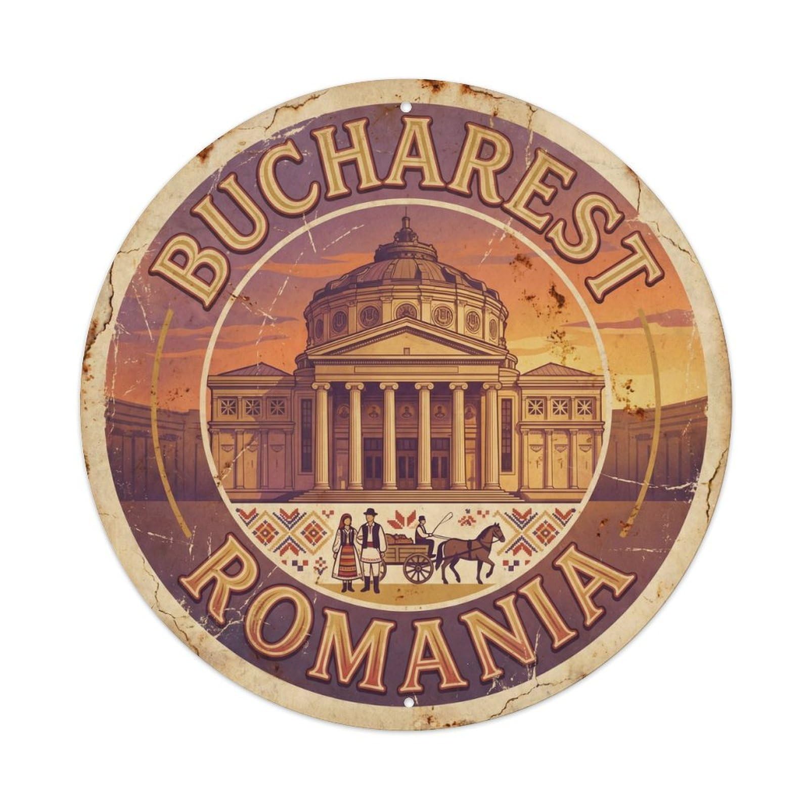 Vintage Travel Bucharest Palace Romania Metal Tin Sign Plaque Wall Decor for Cafe, Club Bar, Office, Home Garden Round Metal Poster 8x8Inch