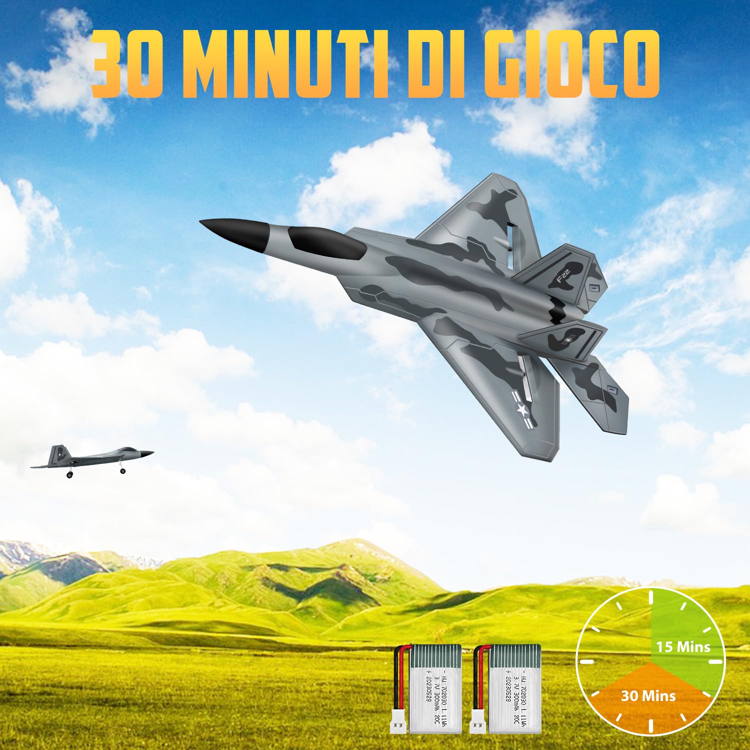 HAWK'S WORK 2CH F-22 Aliante RC, Facile per Bambini & Principianti | 2,4GHz anti-interferenza, volo stabile, schiuma antiurto, RTF per principianti, pronto al volo