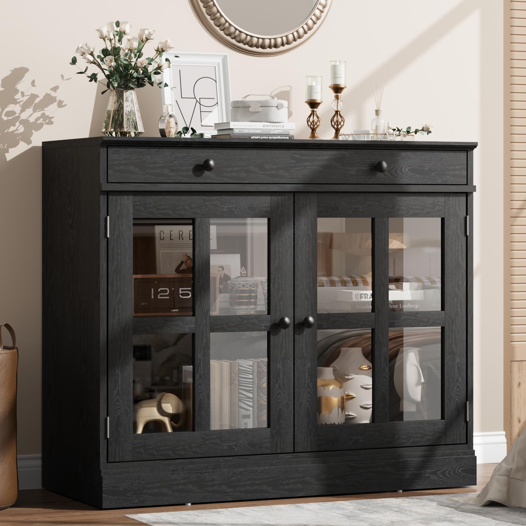 Sideboard Buffet Cabinets with Glass Door, Buffet Cabinet  with Storage, Black Sideboard Cabinet with Drawer, Modern Buffets