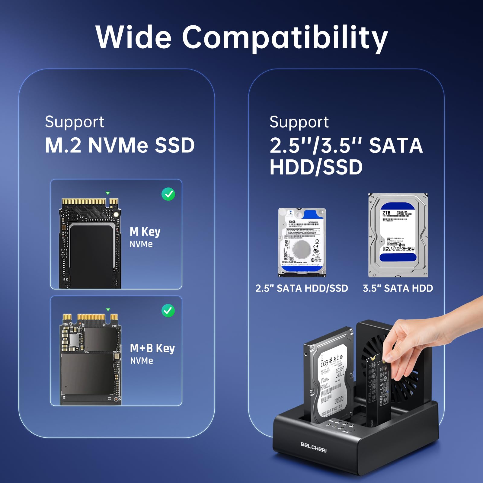 Base de 3 bahías para clonación de discos duros, USB 3.2 Gen 2, 10 Gbps, para M.2 NVMe SSD y SATA HDD de 2,5"/3,5", HDD/M.2 NVMe SSD Cloner Docking Station con ventilador plegable