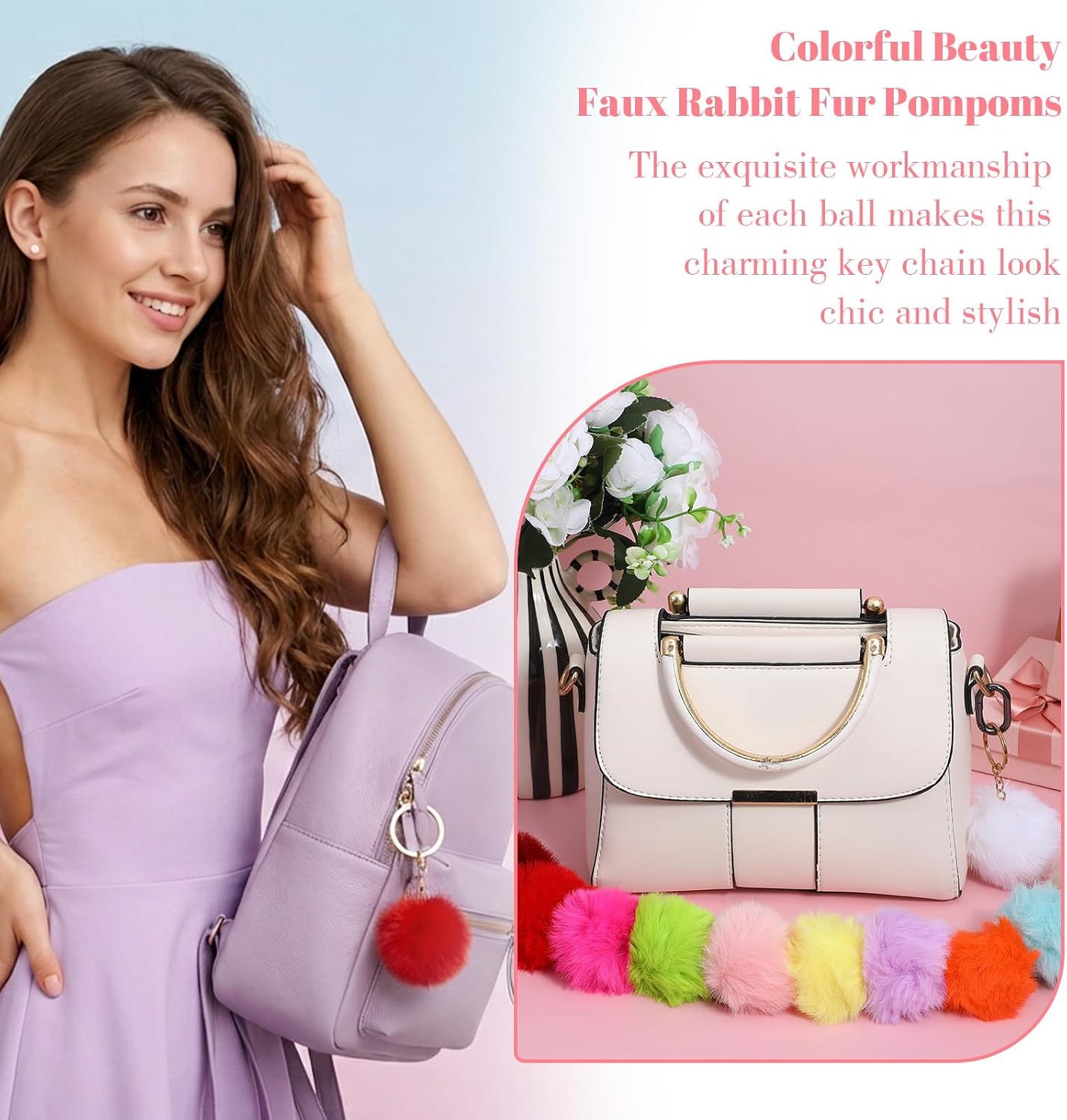 100 Pcs Colorful Pom Poms Keychains Fluffy Ball Bag Keychain Faux Fur Keyring Christmas Party Gifts Bulk Pink Backpack Charms Accessory for Women for Handbag Tote Bag Pendant Purse