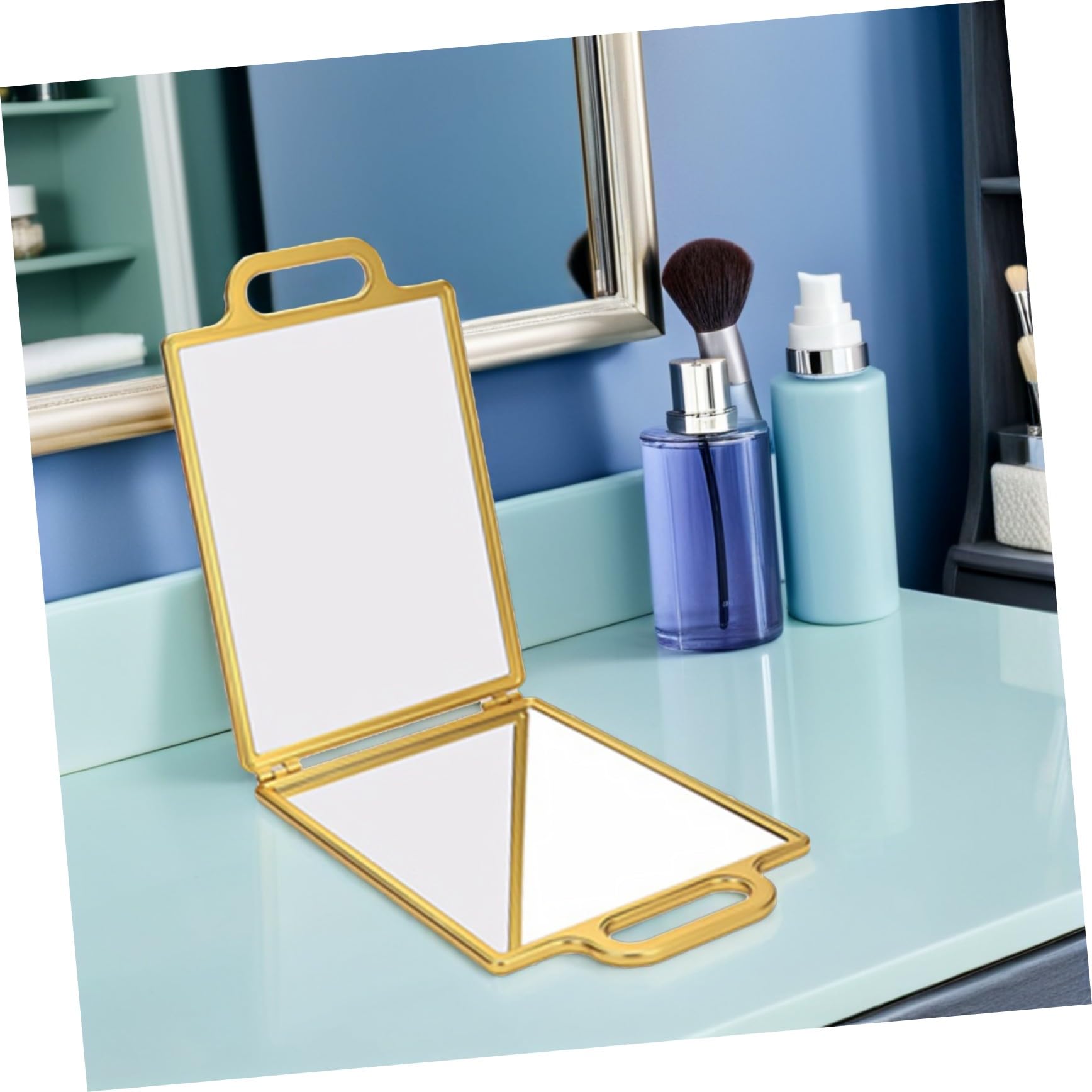 VALICLUD Faltbarer doppelseitiger Spiegel Gold mit Griff Kompakt Tragbar für Selbsthaarschnitt Styling Make-up Professioneller Spiegel zum Friseur für Reise und Friseure