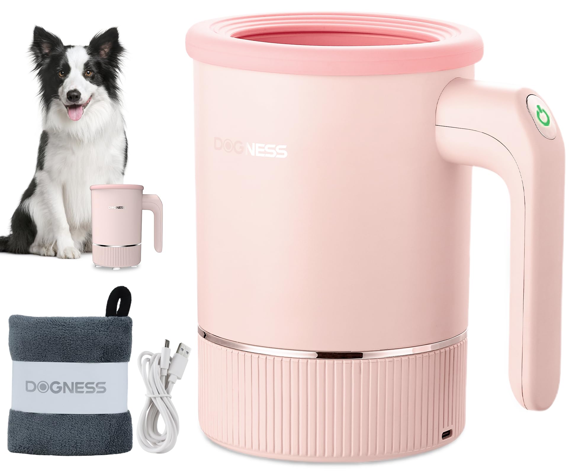 DOGNESS Nettoyeur automatique de pattes de chien pour grands chiens, avec silicone, type C, charge rapide USB, nettoyage de pattes de chien à 360° (rose)