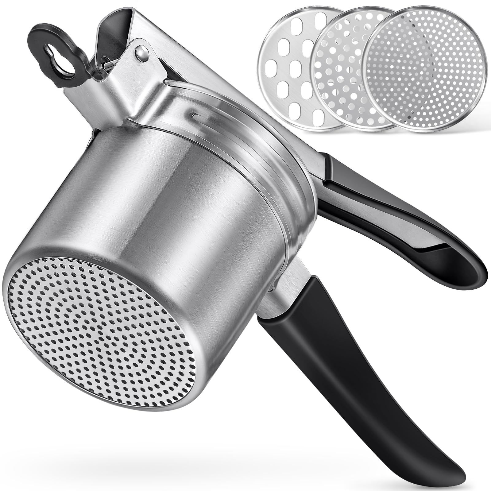 Hands operating the Sopito Potato Ricer, extruding mashed potatoes into a bowl