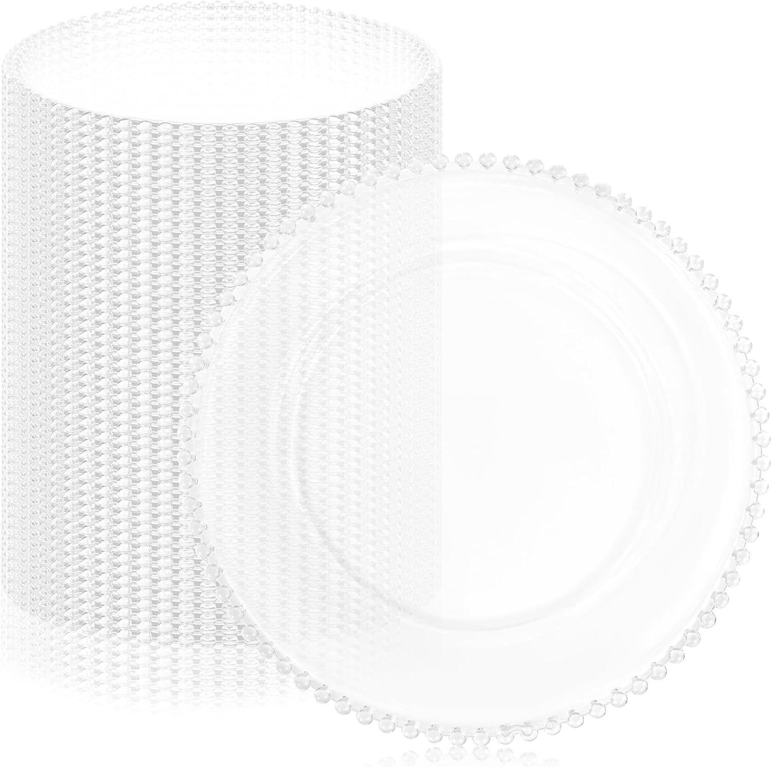 50 pack clear charger plates with beaded rim, 13 inch plastic chargers for dinner plates acrylic round tabletop decoration for home kitchen catering wedding table event party dinner (clear) 50 pack clear beaded