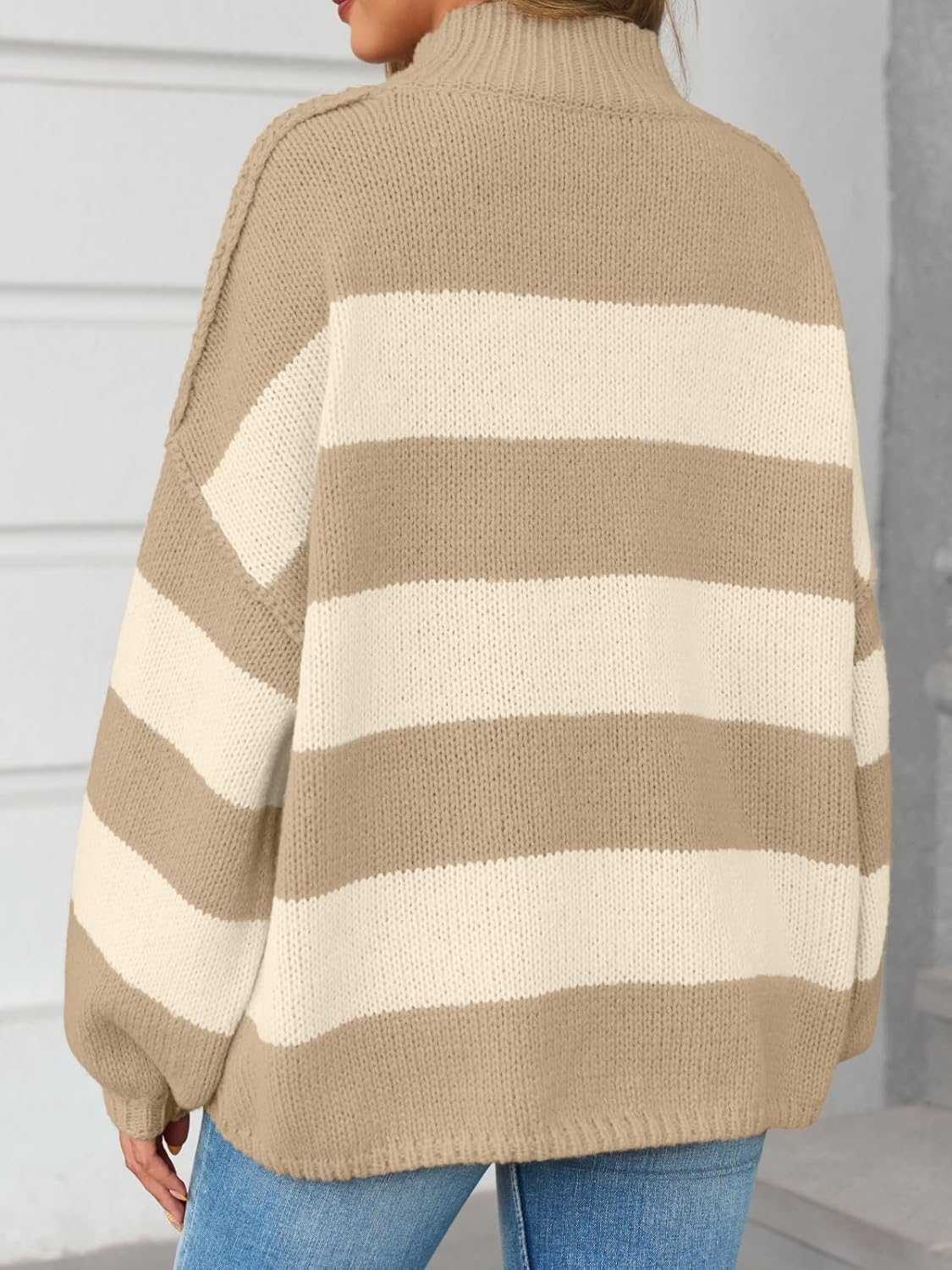Saodimallsu Womens Oversized Striped Sweater Mock Neck Chunky Knit Lantern Long Sleeve Fall Trendy Tunic Sweaters Top - Image 5