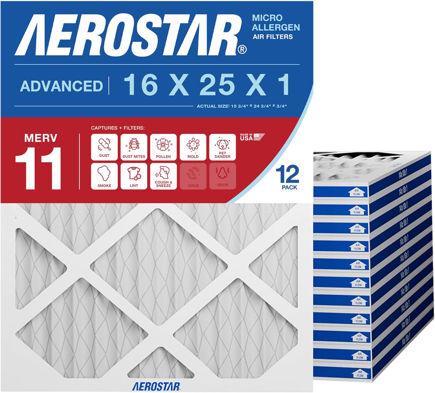 Aerostar 16x25x1 MERV 11 Pleated Air Filter, Allergy and Pet Dander Protection (12 Pack), Actual Size: 15.75x24.75x0.75