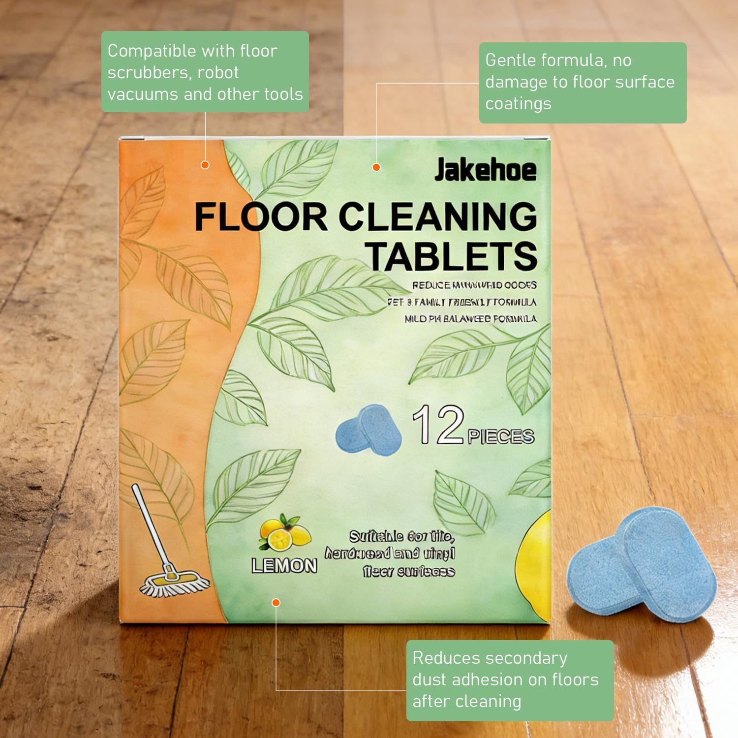 2Packs Floor Cleaner Tablets,Hard Floor Cleaner Tablets,Pre Measured Dissolvable Cleaning Solution, For Hardwood, Fresh Lemon Scent, Compatible with Robot Mops & Wet/Dry Vacuums (12pc)