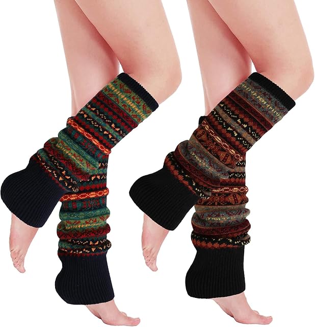 PHOGARY 2 Pairs Winter Warm Boot Cuffs for Women, Bohemian Style Crochet Knitted Boot Socks for Girls Short Leg Warmers Boot Topper Socks Leg Cuffs Leg Warmers Gift for Girls (Black+Navy)
