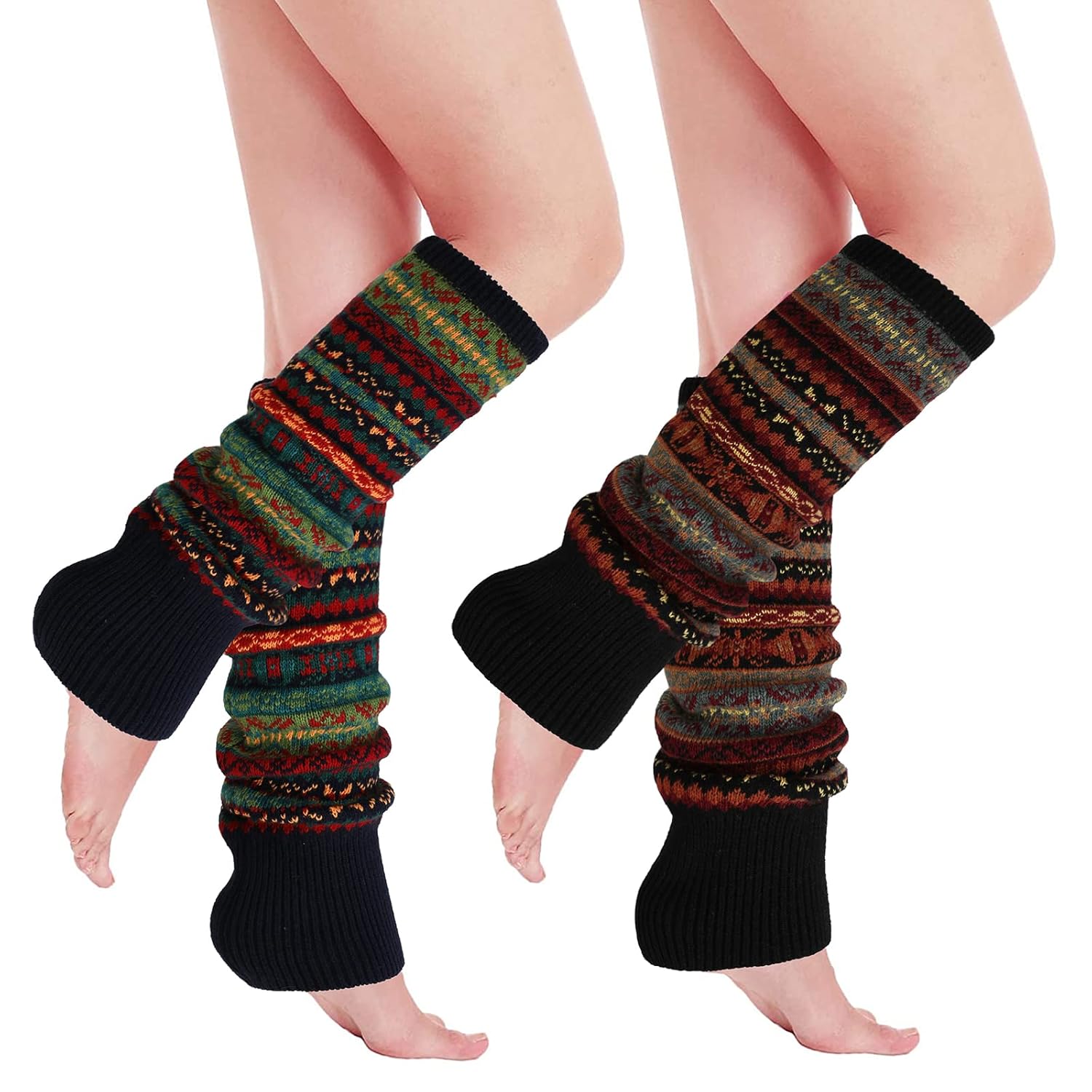PHOGARY 2 Pairs Winter Leg Warmers for Women Bohemian Style Crochet Knitted Boot Socks for Girls High Leg