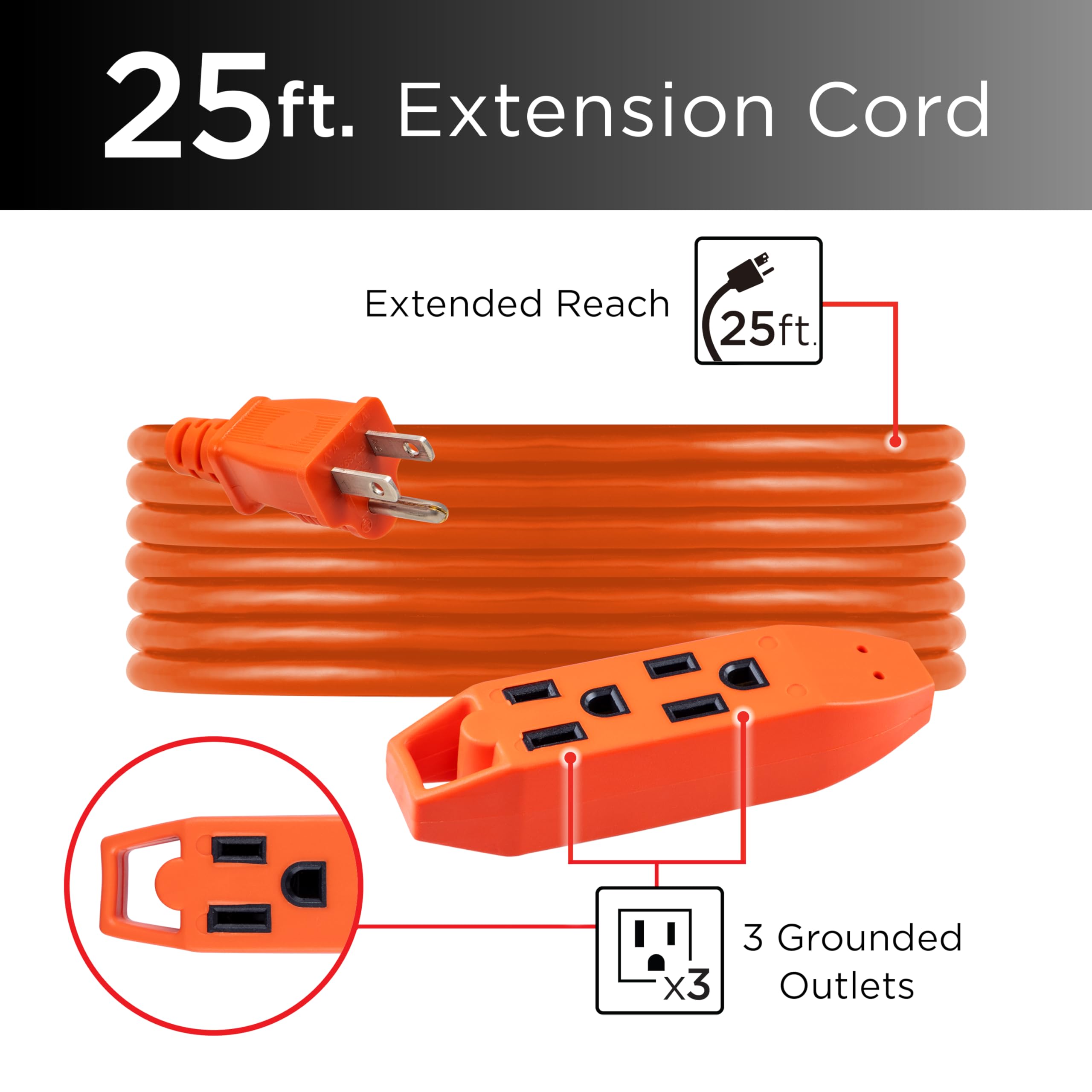 GE Cable de extensión de 25 pies, Resistente, 16 AWG, Uso en Interiores y Exteriores, Cable de alimentación extralargo, certificación UL, Naranja, 51924