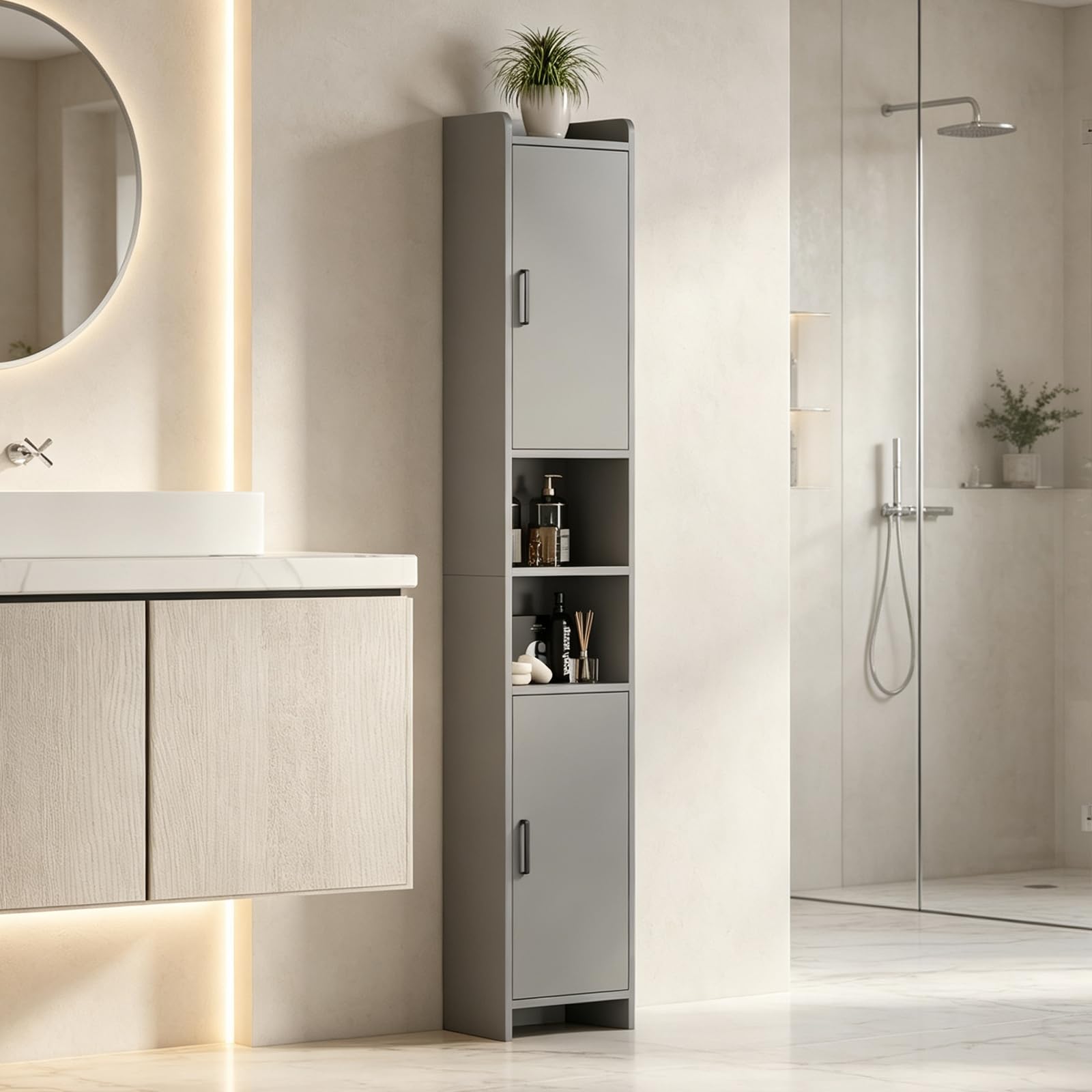 Narrow Bathroom Tall Storage Cabinet with 2 Doors, 170cmH (Grey)