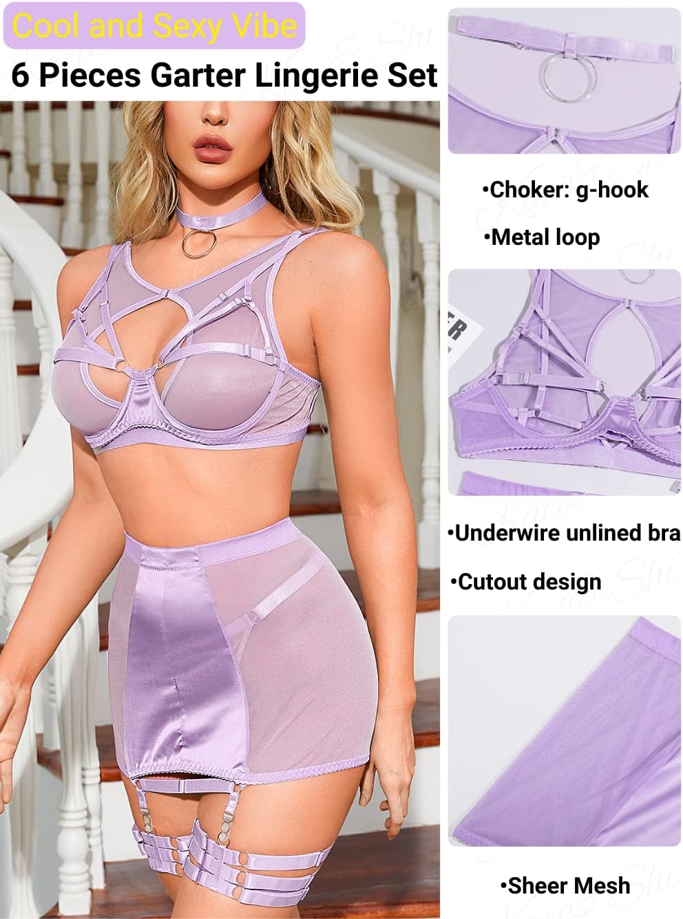 Kaei&Shi Garter Lingerie for Women, Strappy High Waisted Skirt G String 4 Piece Sexy Exotic Lingerie Outfits Set Boudoir - Image 2