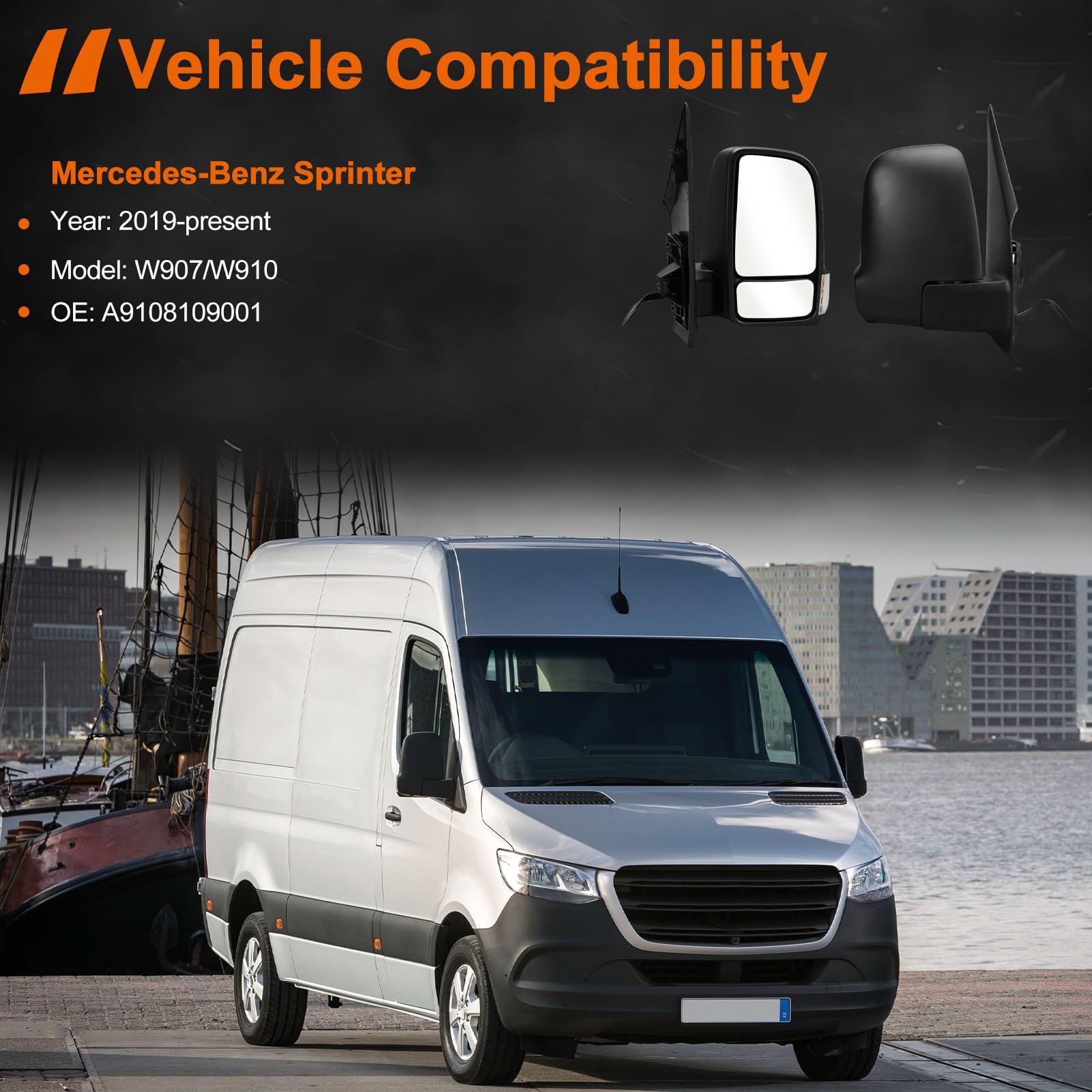Rétroviseur extérieur droit de rechange pour Mercedes Sprinter W907 W910 VS30 2019-2024, kit complet avec clignotant, verre convexe, verre chauffant, pièce de rechange OE#A9108109001