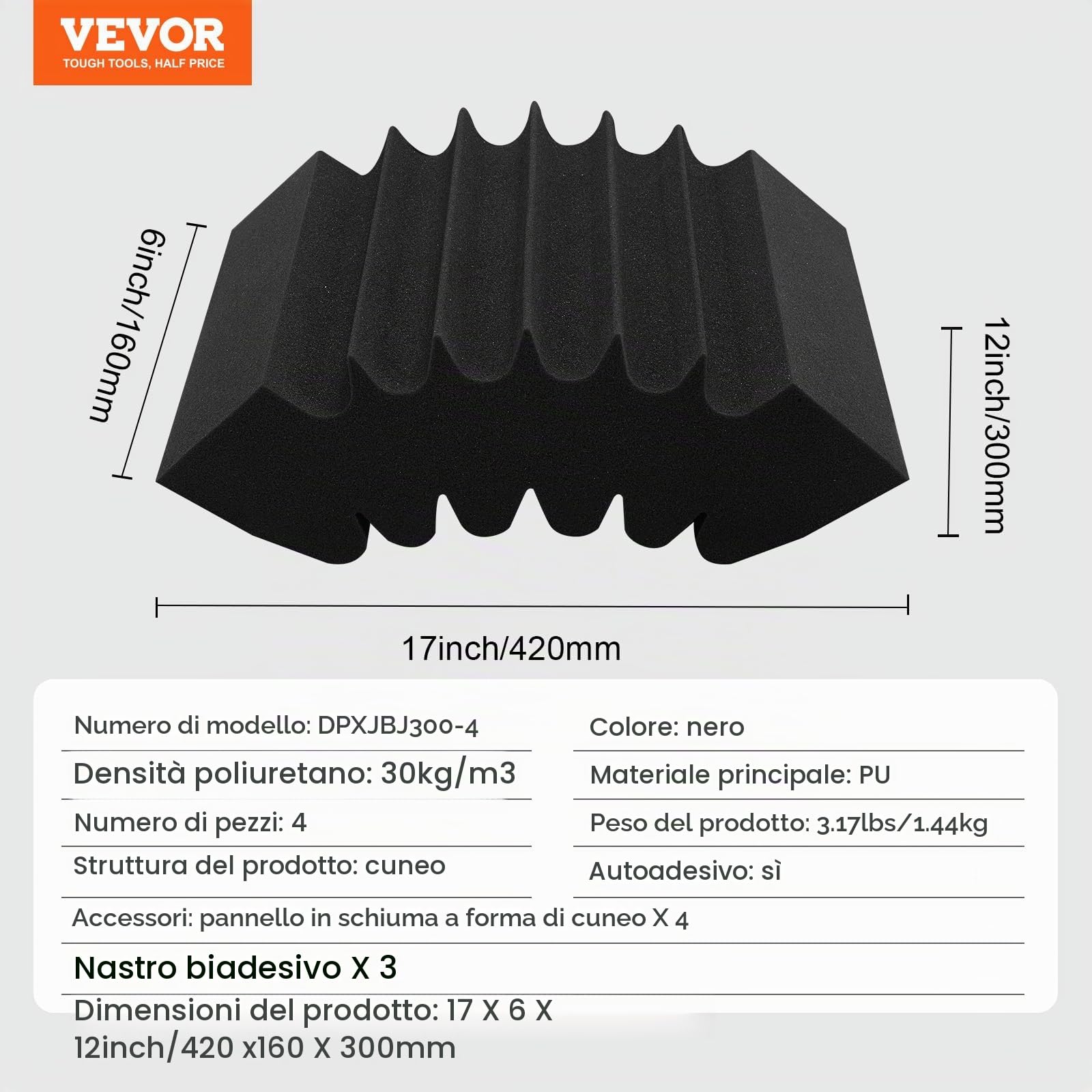 VEVOR Pannelli Acustici in Schiuma, 4 Pezzi 420 x 160 x 300 mm, Pannelli Acustici Adesivi ad Alta Densità, Pannello Acustico, Pannello Fonoassorbente per Pareti e Soffitti di Studi, Nero