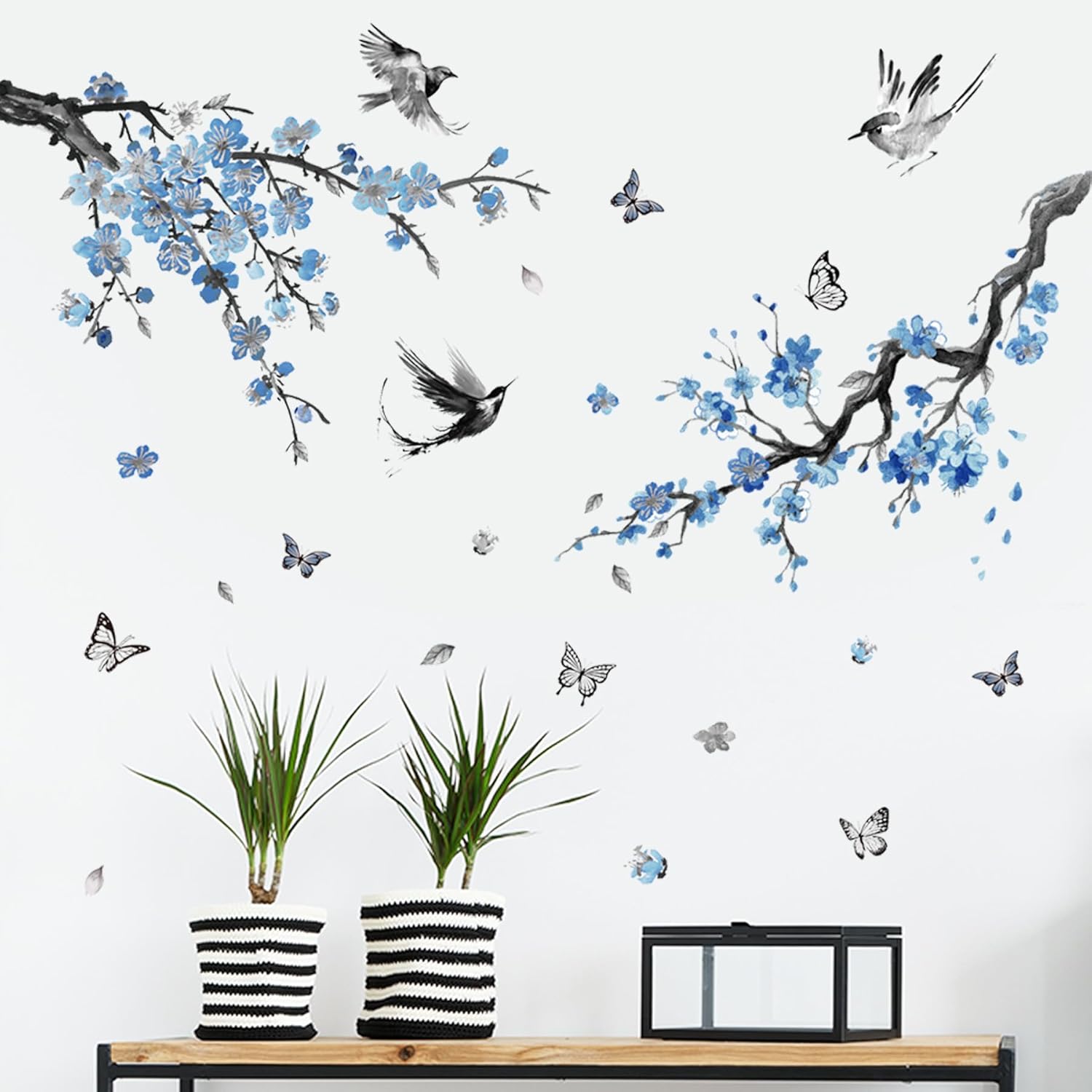 Watercolor Large Blue Cherry Blossom Tree Branch Wall Decals Blue Floral Birds Butterfly Wall Stickers for Living Room Bedroom TV Sofa Brackground Wall Decor