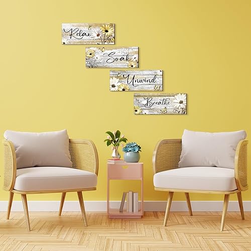 Miniatura 6 de Sunnyray 4 piezas de decoración de pared de baño de granja, carteles de primavera con margaritas de tulipán y mariposas, arte de pared de baño con