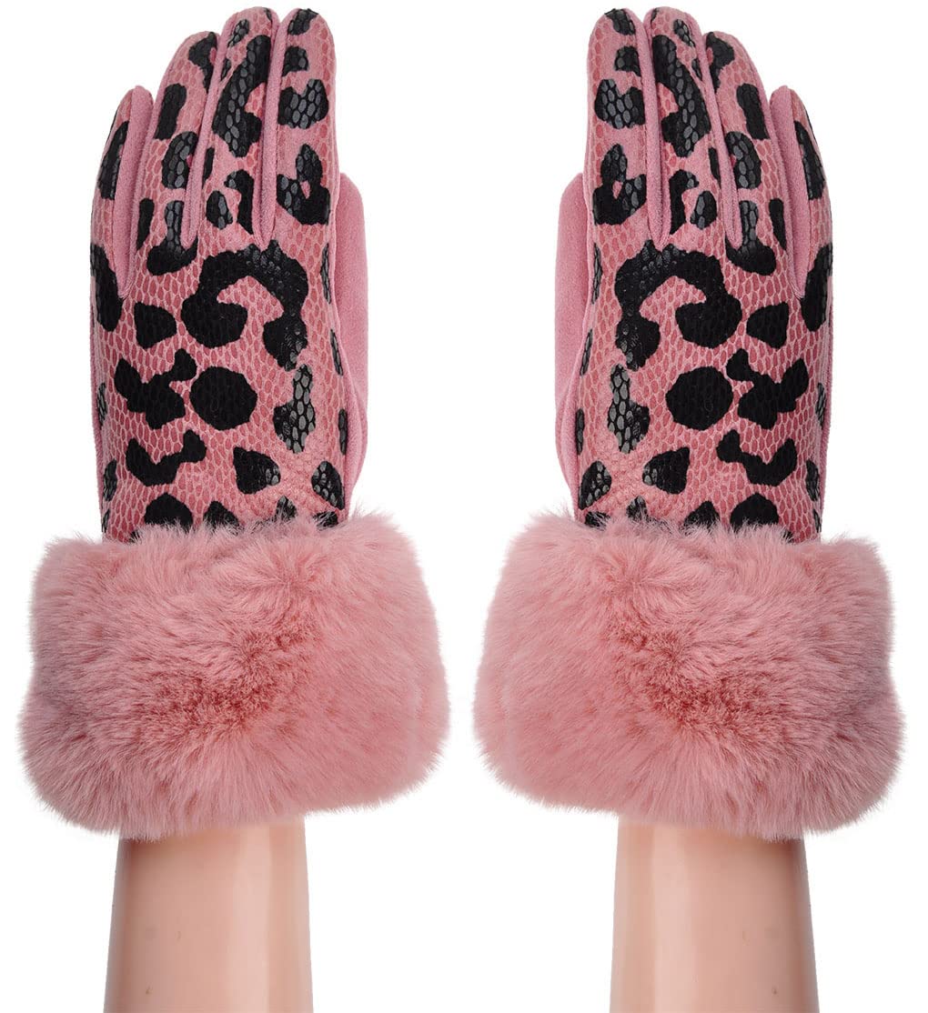 Ydezire Women's Pink Plain Fur Leopard Winter Gloves (Pink)
