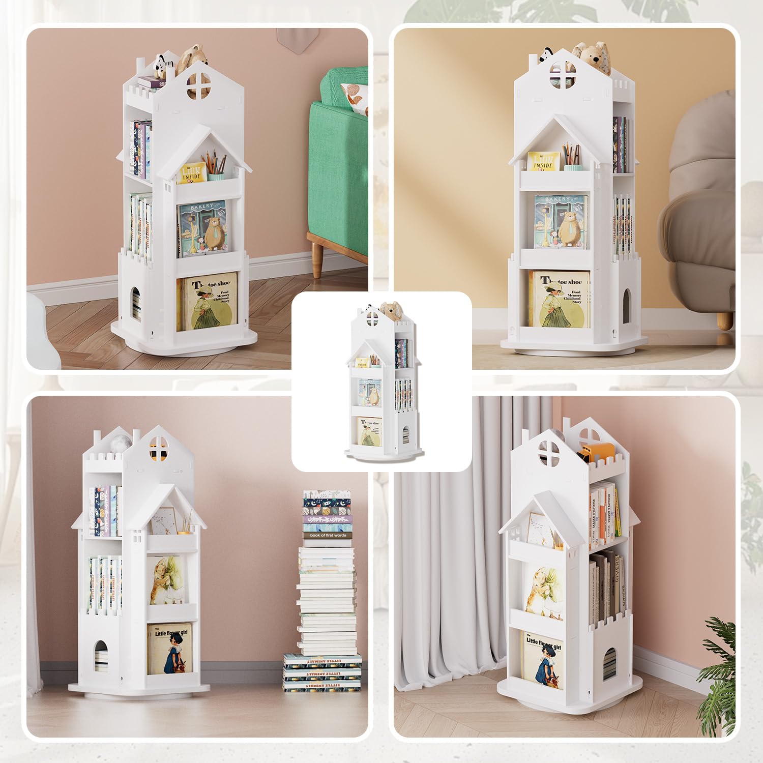 Nisorpa Bibliothèque rotative pour enfants en forme de maison, bibliothèque blanche pour enfants sur pied, bibliothèque château pour enfants
