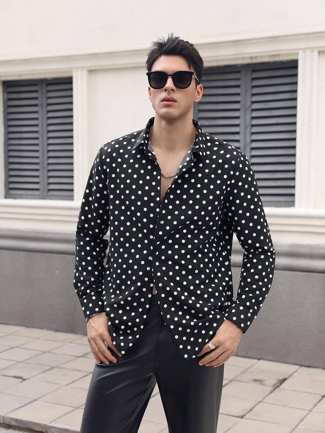 WDIRARA Men's Polka Dots Button Front Long Sleeve Collar Shirt Casual Tops - Image 7