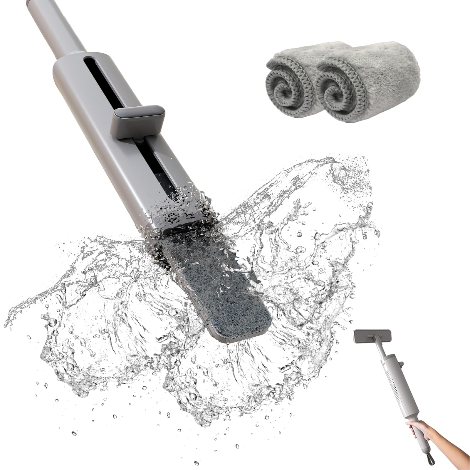 Mini Mop, Portable Self-Squeeze Small Mop for Small Space,Multi-Function with Squeegees, One Button Operation, Strong Water Absorbency ,Flat Mop Head x 2pcs ,Grey, Gray