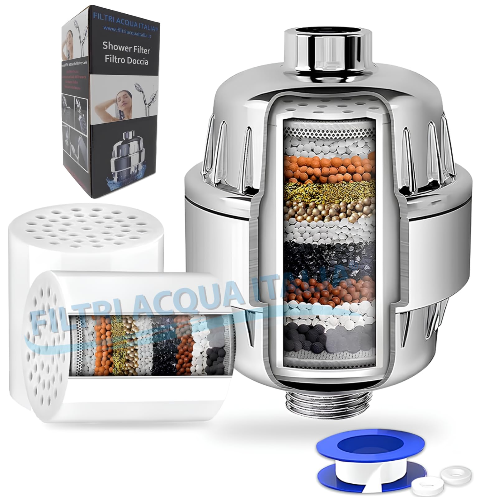 Filtro Anticalcare Doccia con Due Cartucce Di Ricambio, Filtro Acqua Doccia Universale per Acqua Dura, Rimuove Odori, Cloro e Calcare - Filtriacquaitalia