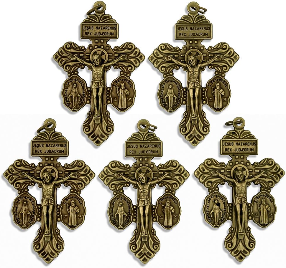 Venerare Deluxe Catholic Pardon Cross - Pack of 5 (Brass) - Religious Hanging Cross - Brass Metal - Religious Occasion