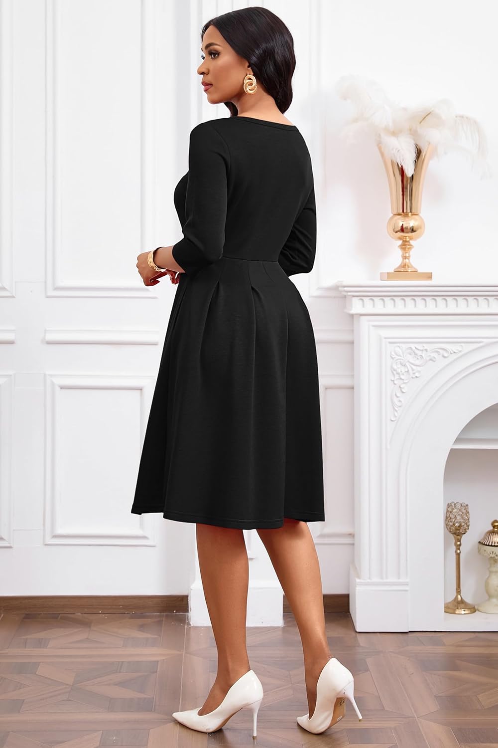 Nmoder Elegant Vintage Dresses for Women, 3/4 Sleeve Keyhole Swing Casual Work Midi Dress with Pockets - Image 6