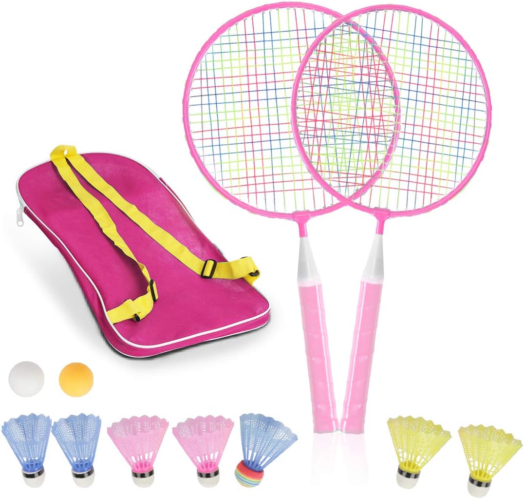 STSTECH Badminton Rackets for Children,12 in 1 Shuttlecocks Racquet Sports Set w/Lightweight Carrying Bag for Kids Professionals Beginner Players Indoor Outdoor Sport Game (Pink) : Sports & Outdoors