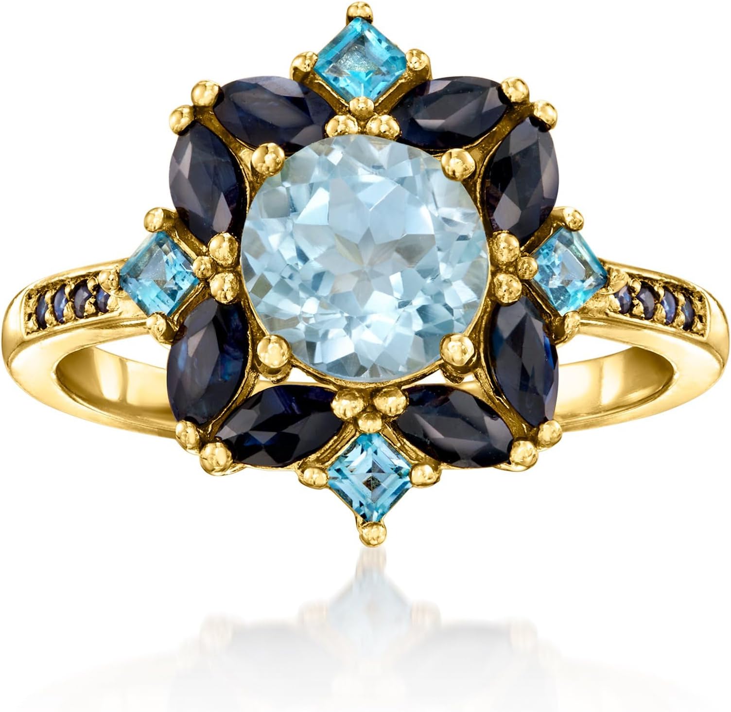 1.50 Carat Sky Blue Topaz, .68 ct. t.w. Sapphire and .30 ct. t.w. London Blue Topaz Ring in 18kt Gold Over Sterling