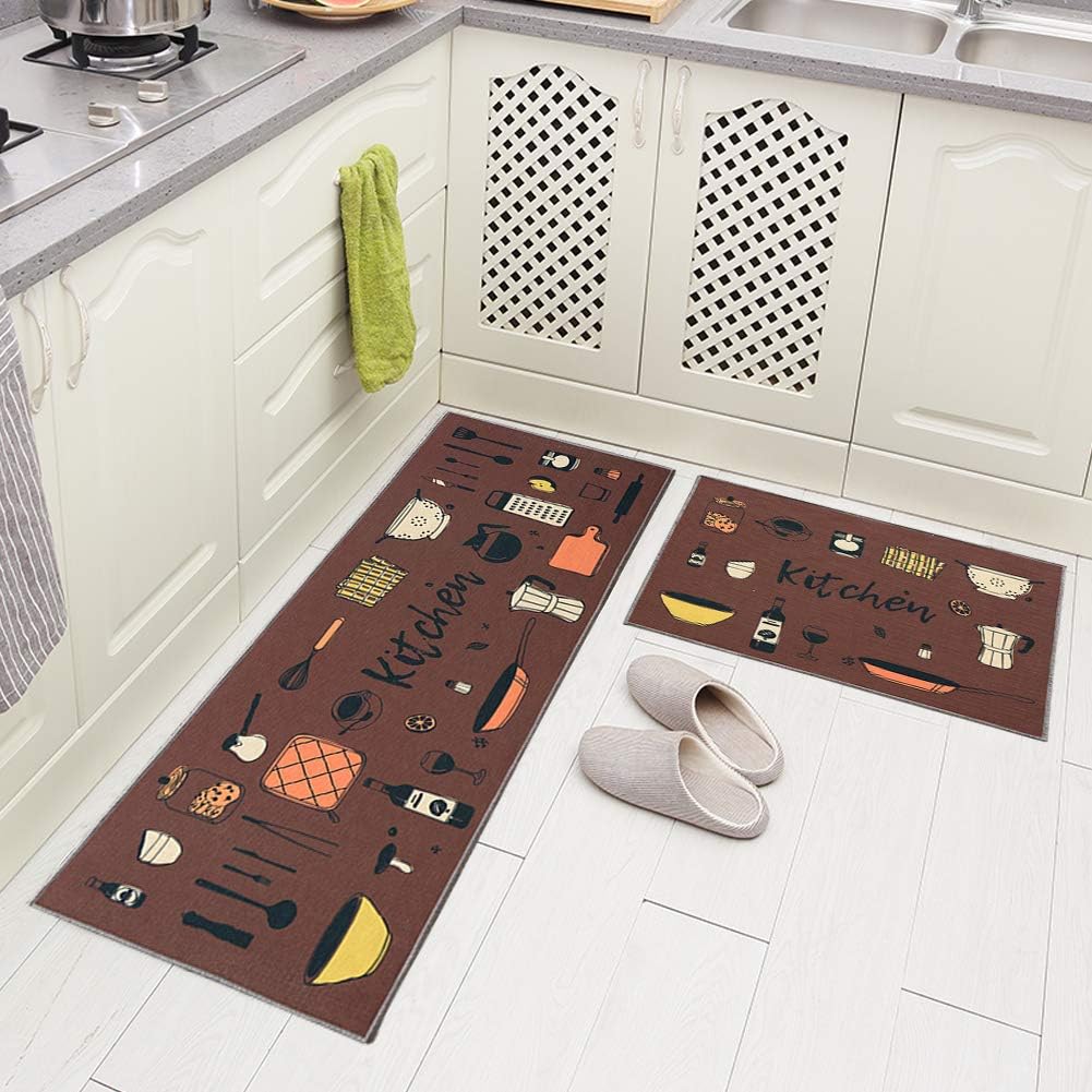 Carvapet 2 Pieces Non-Slip Kitchen Rug TPR Non-Skid Backing Mat for Doorway Bathroom Runner Rug Set, Grey Kitchen Design (17"x48"+17"x24") : Everything Else