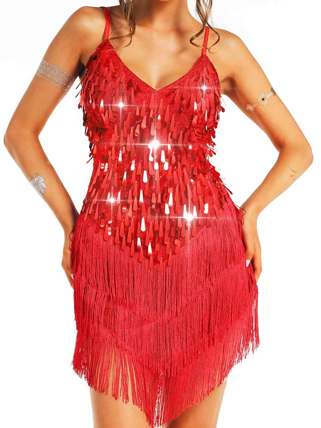 Aukmla Women Sparkly Sequin Fringe Mini Dress Sleeveless Latin Dance Tassel Dresses