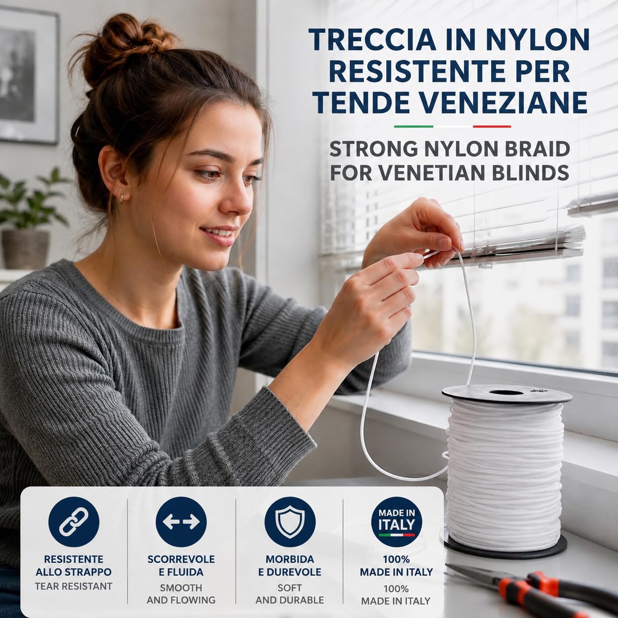 IPEA Treccia per Veneziana Bianca 3 mm in Nylon – [ 50 METRI ] – Made in Italy – Corda per Tende a Pacchetto, Mantovane, Tapparelle, Accessori, Fai Da te – Cordino Bianco Multiuso - Spessore 3 mm