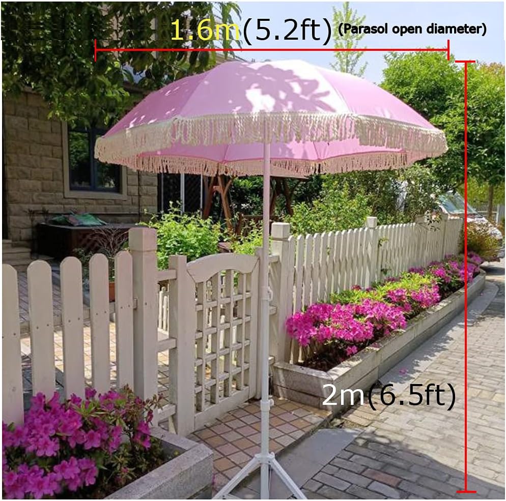 Y&J Pink Garden Parasol 1.6m(5.2ft) / with Tassels/Outdoor Parasol with Tilt Waterproof/Height Adjustable/for Wedding Decoration, Terraces, Patio and Lawns