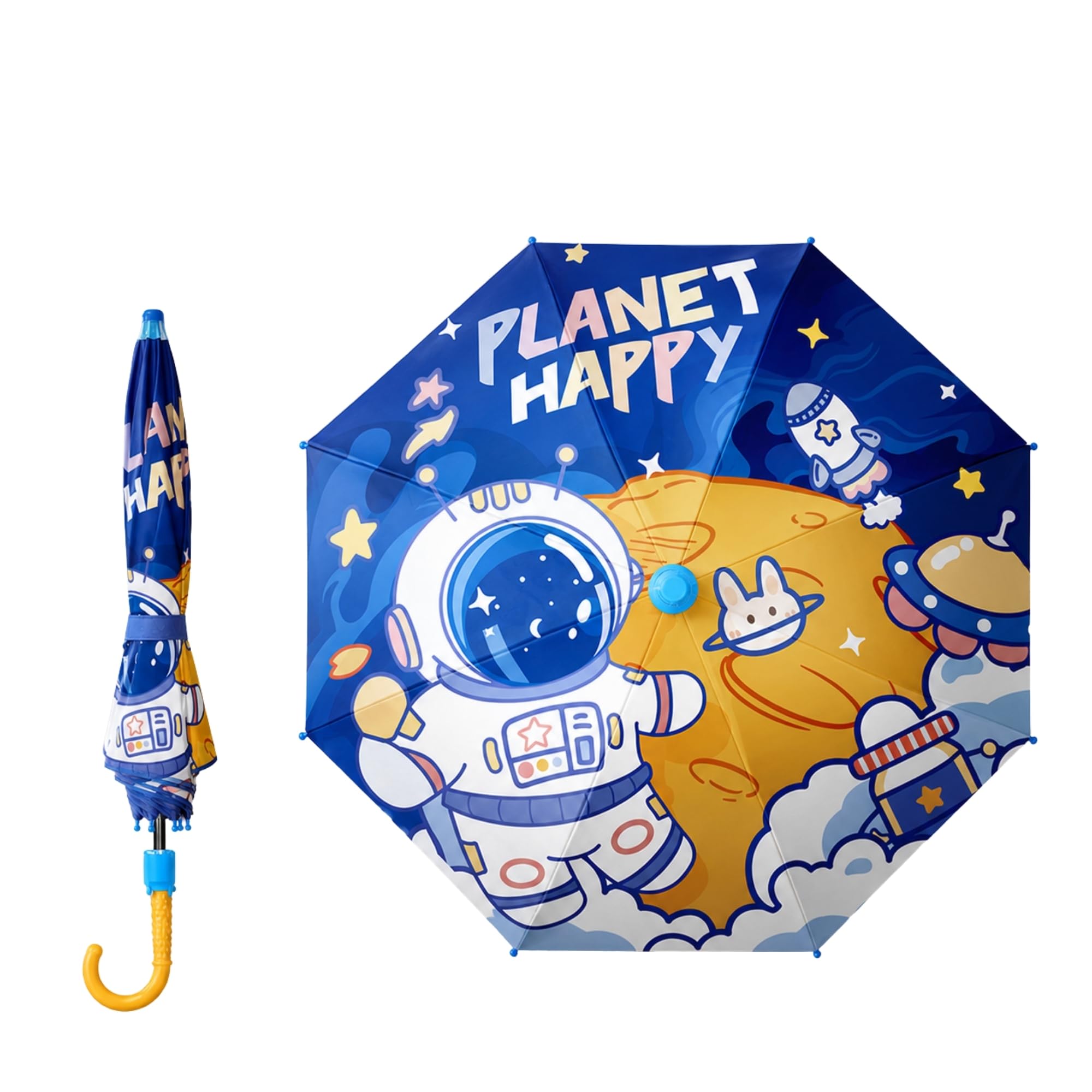 kraptick Kids Umbrella with Whistle & Rolling Wheel Tip | Space Astronaut Cartoon Print Rain Umbrella for Boys & Girls | Lightweight Windproof School Umbrella for Toddlers (Space walk)-picture-12
